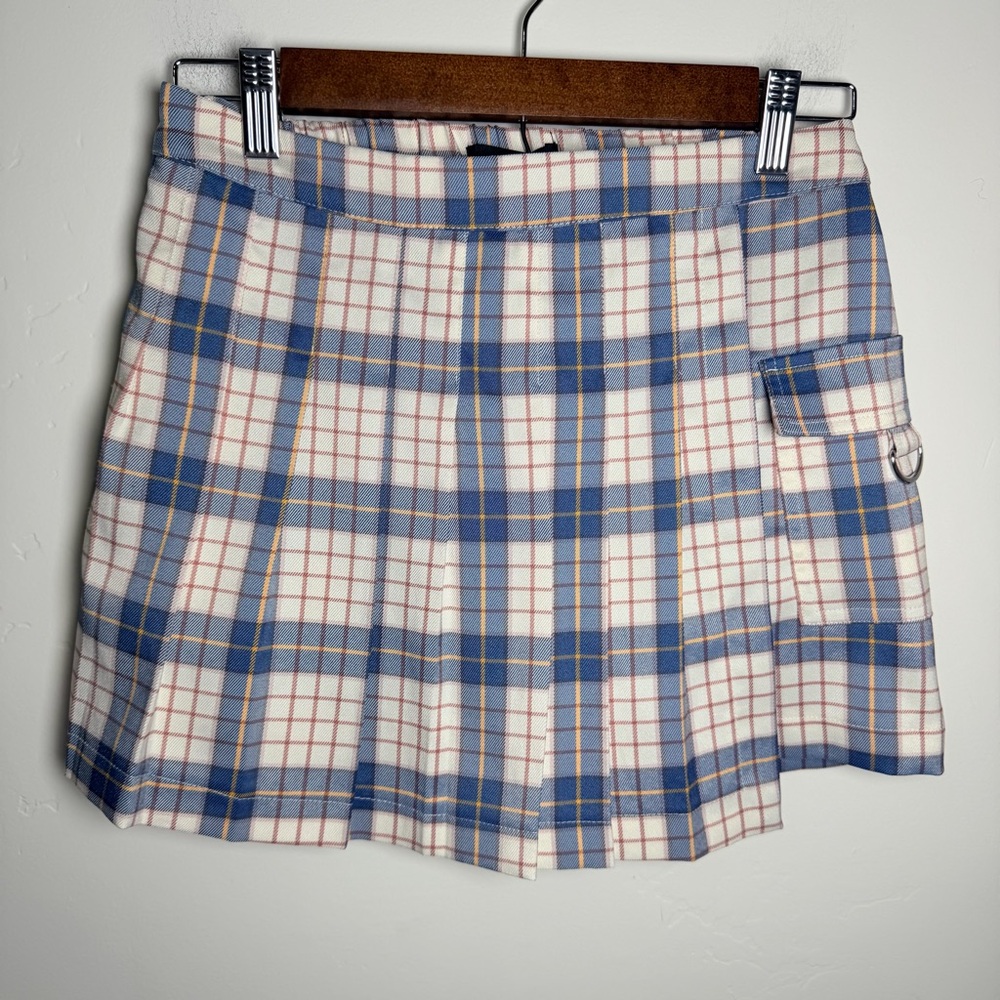 Forever 21 Colorful Pleated Plaid Skirt Skort Sz S Shorts Pocket High Waist Blue